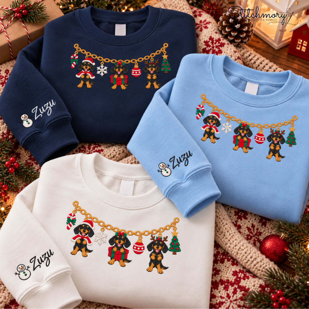 Dachshund Christmas Charm Necklace Embroidered Sweatshirt With Custom Name, Dachshund Lover Gifts