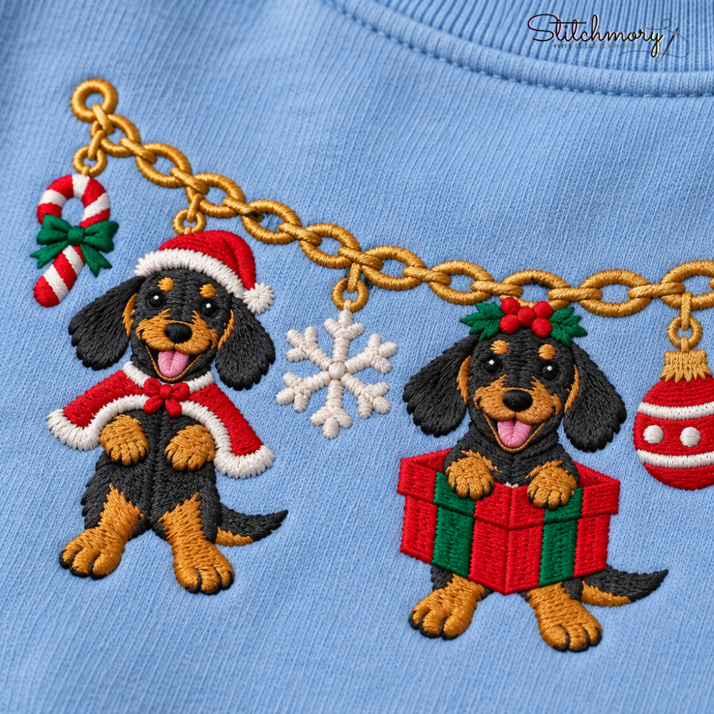 Dachshund Christmas Charm Necklace Embroidered Sweatshirt With Custom Name, Dachshund Lover Gifts