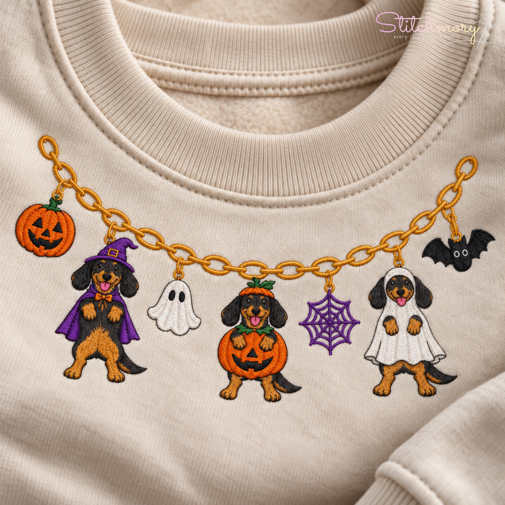 Dachshund Halloween Charm Necklace Embroidered Sweatshirt with Custom Name