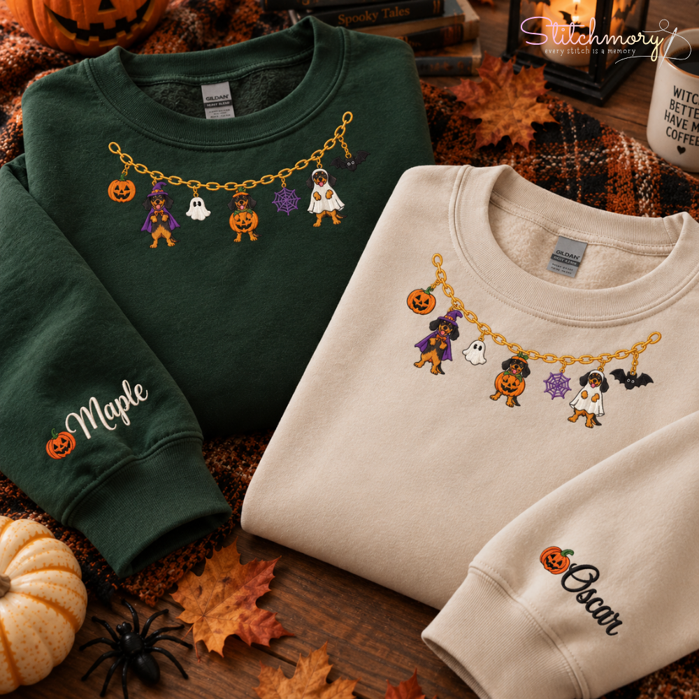 Dachshund Halloween Charm Necklace Embroidered Sweatshirt with Custom Name