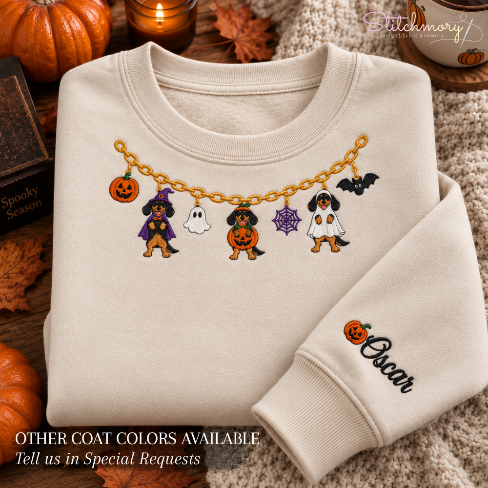 Dachshund Halloween Charm Necklace Embroidered Sweatshirt with Custom Name