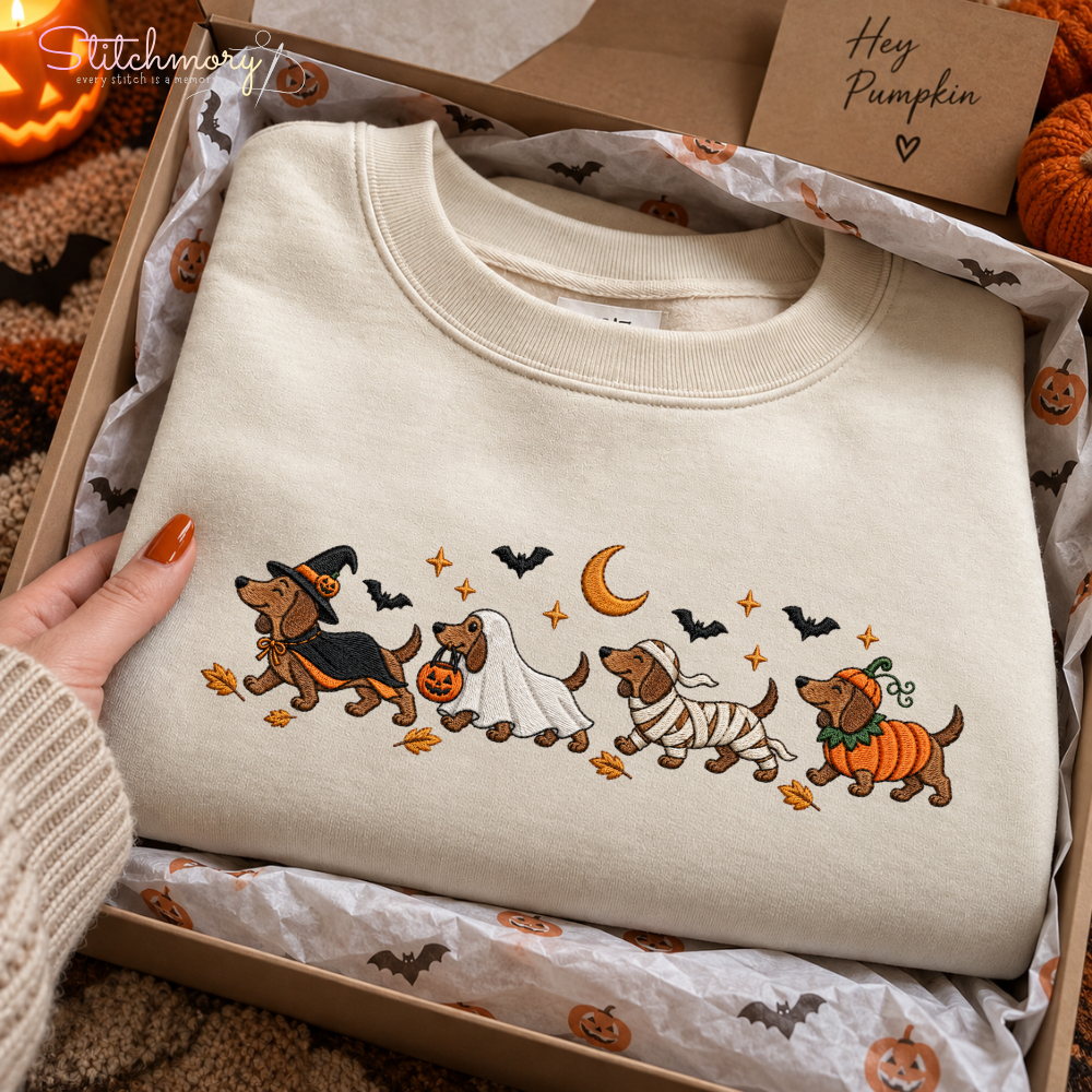 Personalized Dachshund Halloween Embroidered Sweatshirt, Halloween Dog Lover Gift