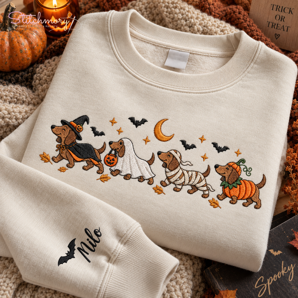 Personalized Dachshund Halloween Embroidered Sweatshirt, Halloween Dog Lover Gift