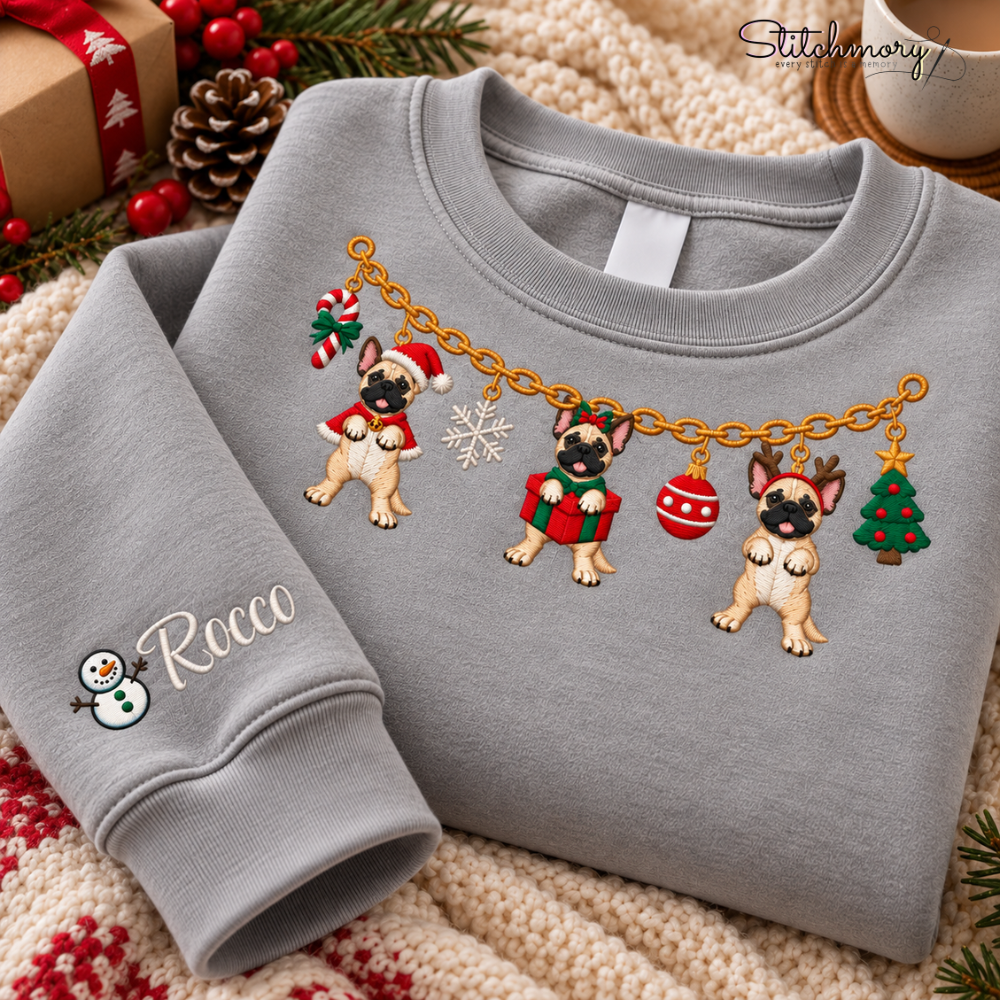 French Bulldog Christmas Charm Necklace Embroidered Sweatshirt With Custom Name