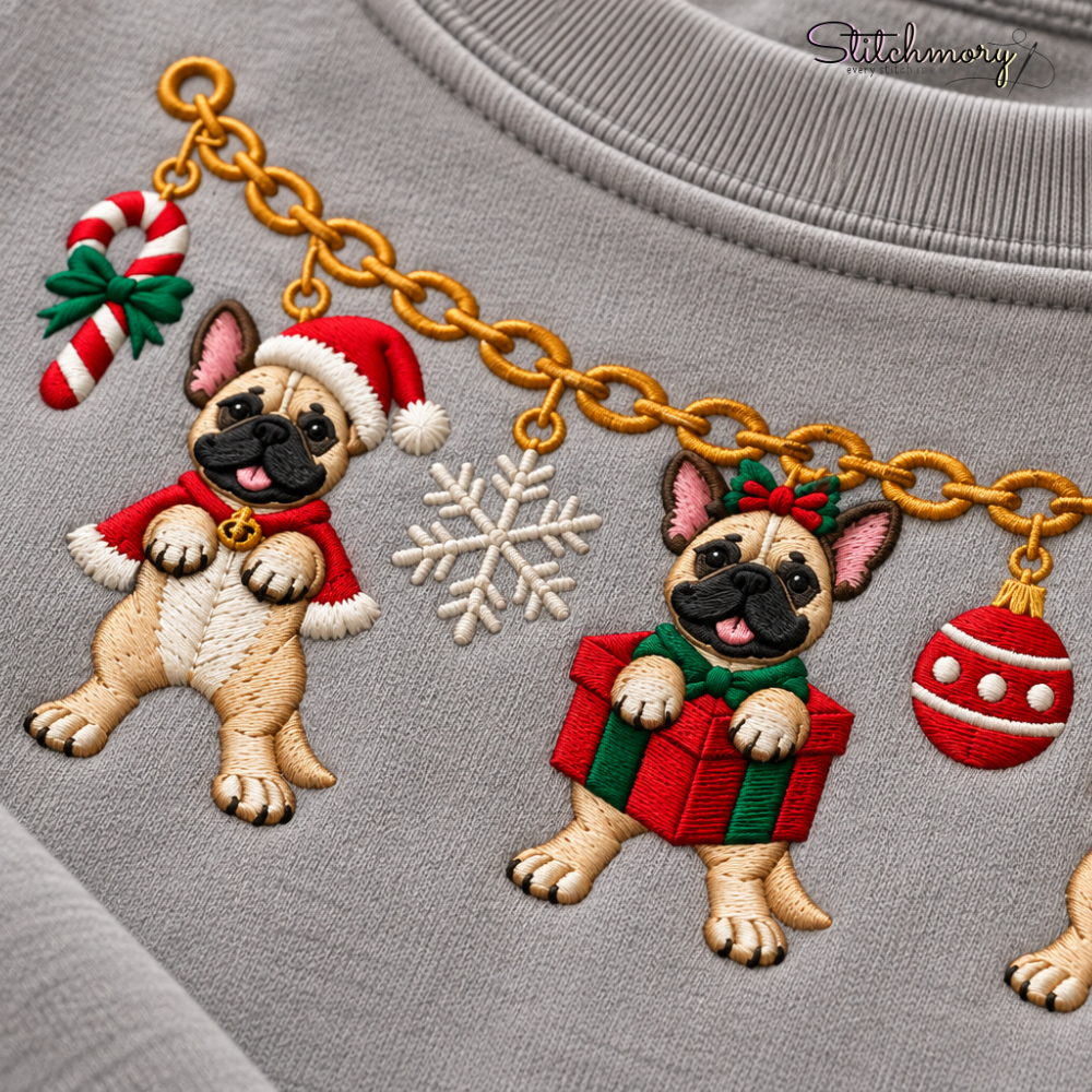 French Bulldog Christmas Charm Necklace Embroidered Sweatshirt With Custom Name