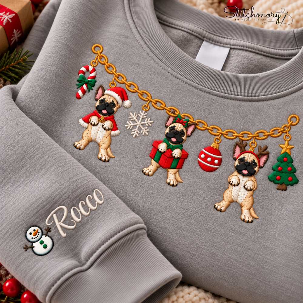 French Bulldog Christmas Charm Necklace Embroidered Sweatshirt With Custom Name