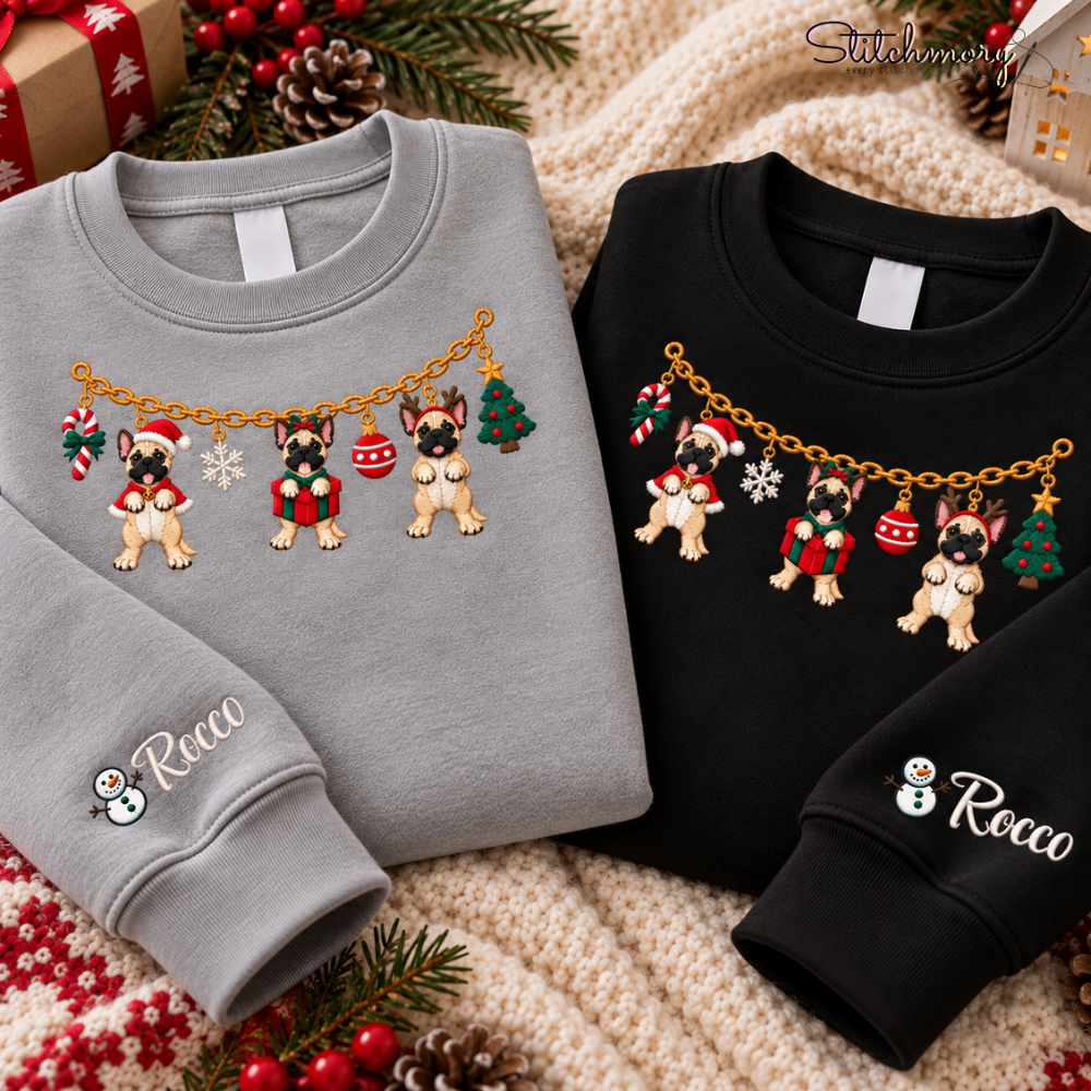 French Bulldog Christmas Charm Necklace Embroidered Sweatshirt With Custom Name