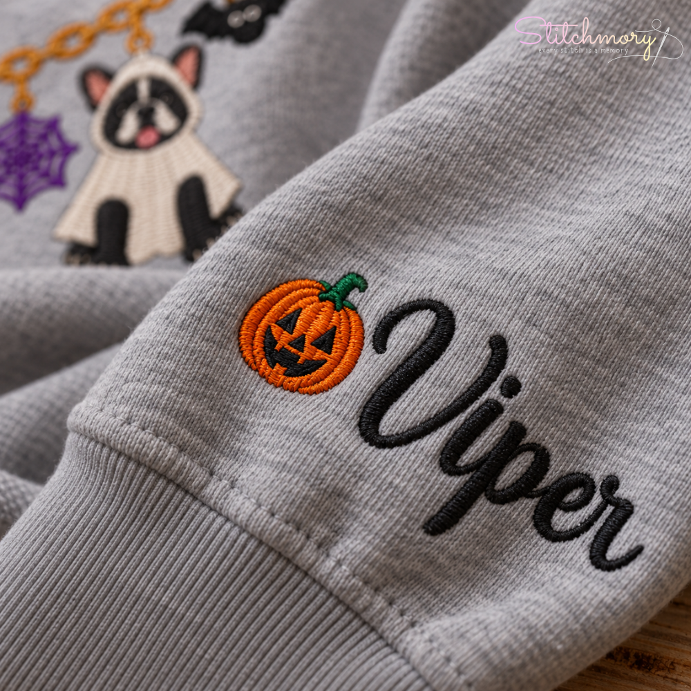 French Bulldog Halloween Charm Necklace Embroidered Sweatshirt With Custom Name