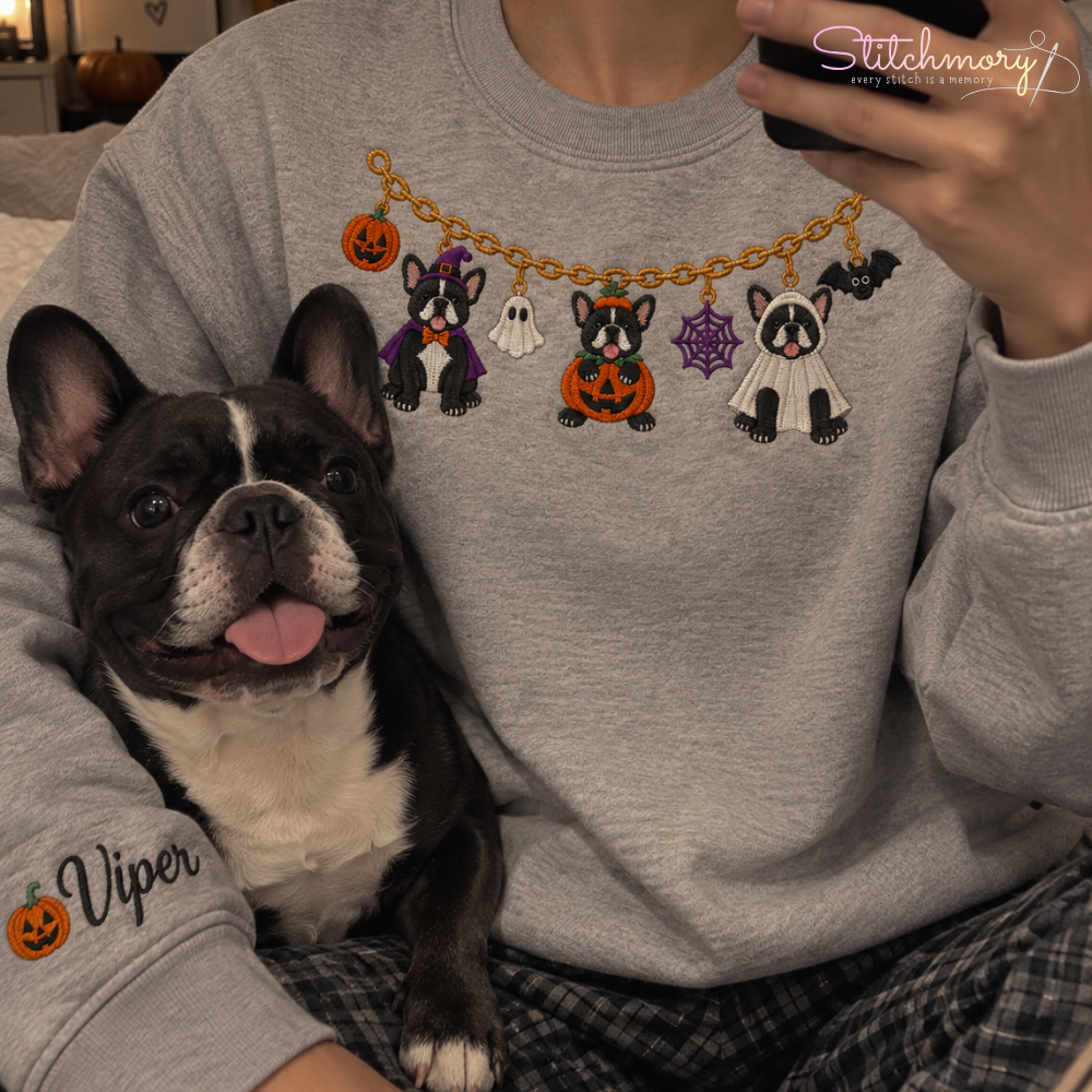 French Bulldog Halloween Charm Necklace Embroidered Sweatshirt With Custom Name