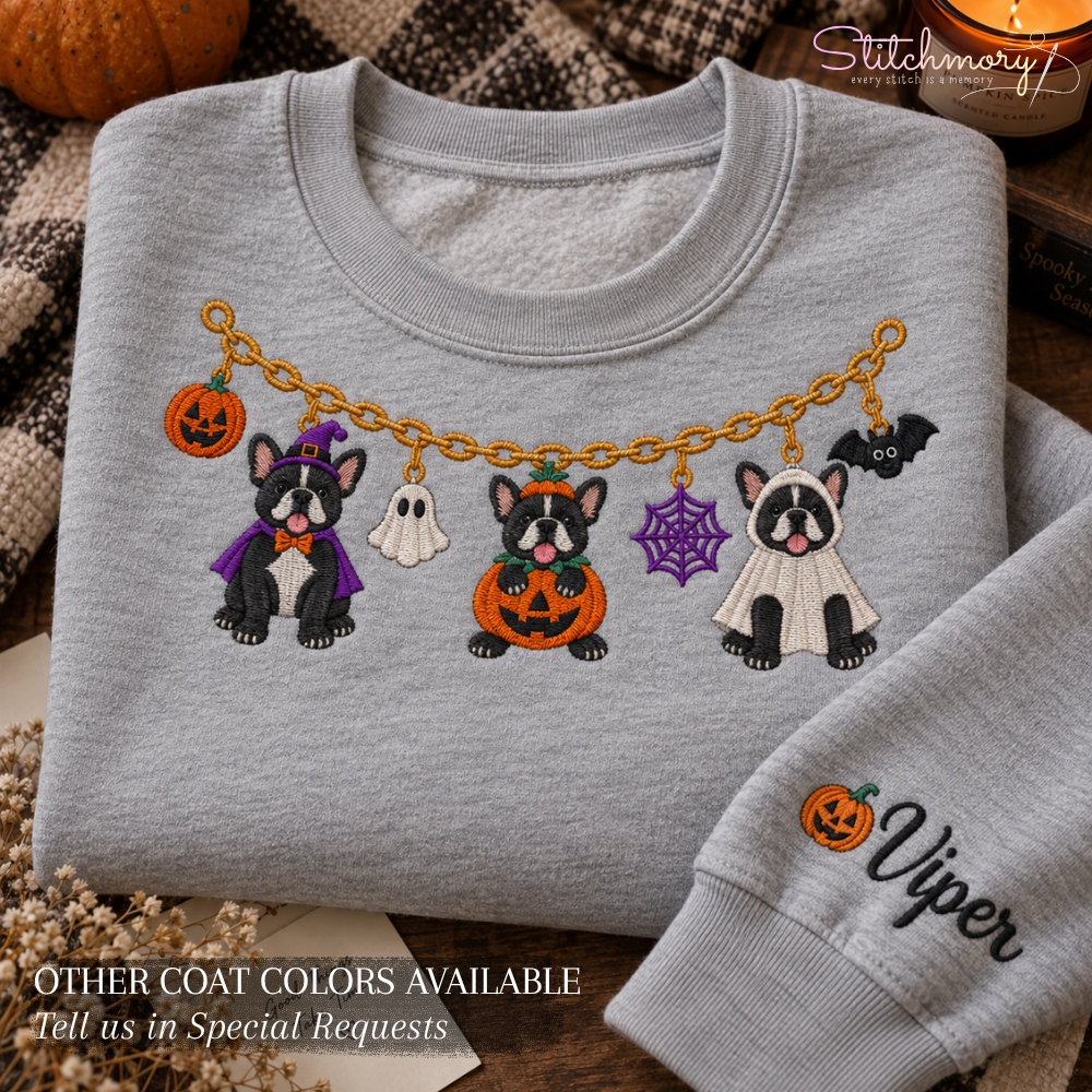 French Bulldog Halloween Charm Necklace Embroidered Sweatshirt With Custom Name