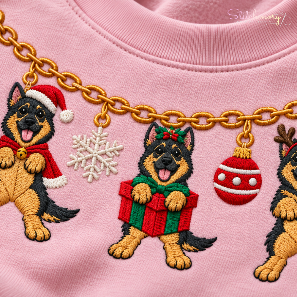 German Shepherd Christmas Charm Necklace Embroidered Sweatshirt With Custom Name