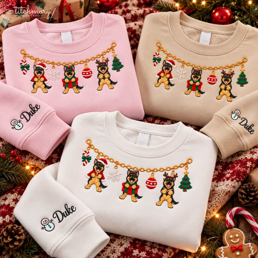 German Shepherd Christmas Charm Necklace Embroidered Sweatshirt With Custom Name