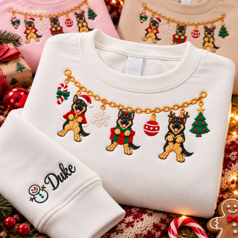 German Shepherd Christmas Charm Necklace Embroidered Sweatshirt With Custom Name