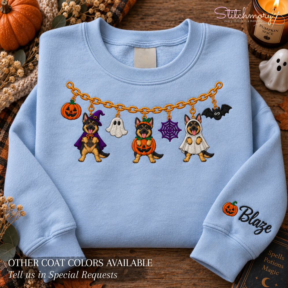 German Shepherd Halloween Charm Necklace Embroidered Sweatshirt With Custom Name