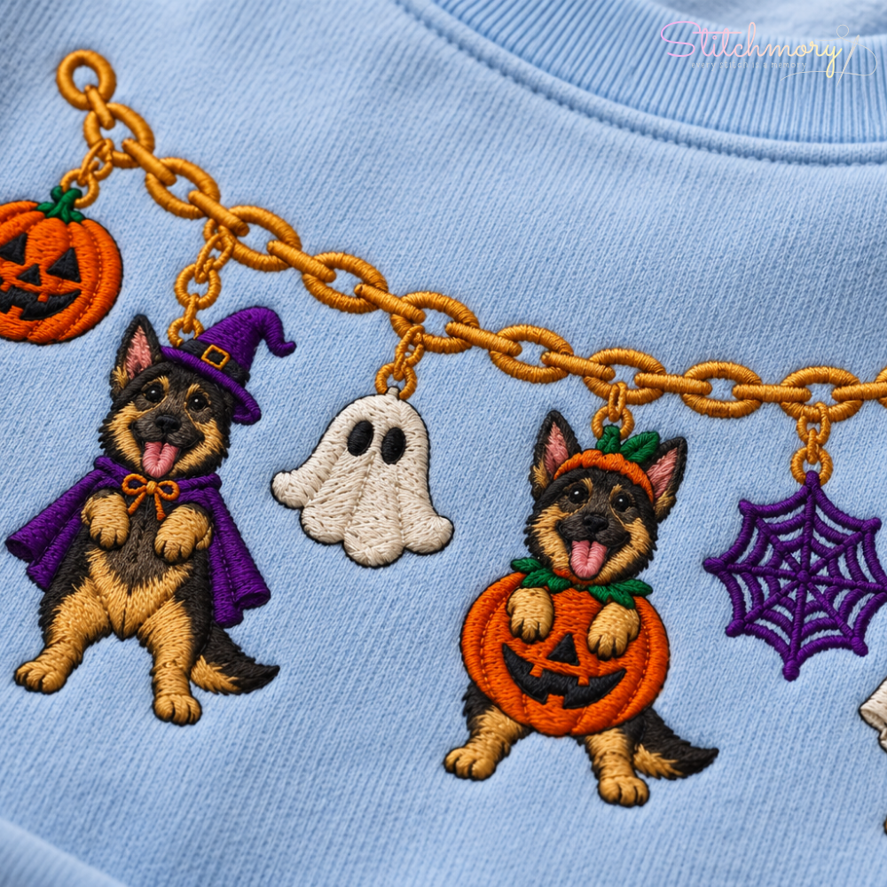 German Shepherd Halloween Charm Necklace Embroidered Sweatshirt With Custom Name