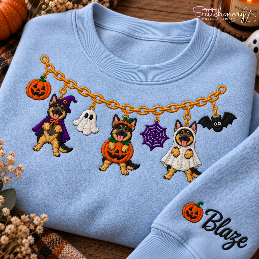 German Shepherd Halloween Charm Necklace Embroidered Sweatshirt With Custom Name
