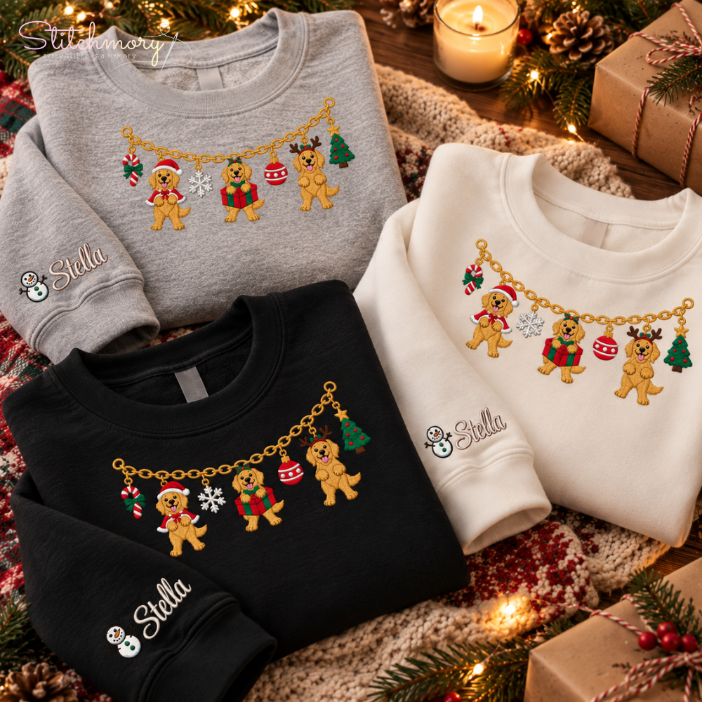 Golden Retriever Christmas Charm Necklace Embroidered Sweatshirt With Custom Name, Gifts For Goldie Lovers