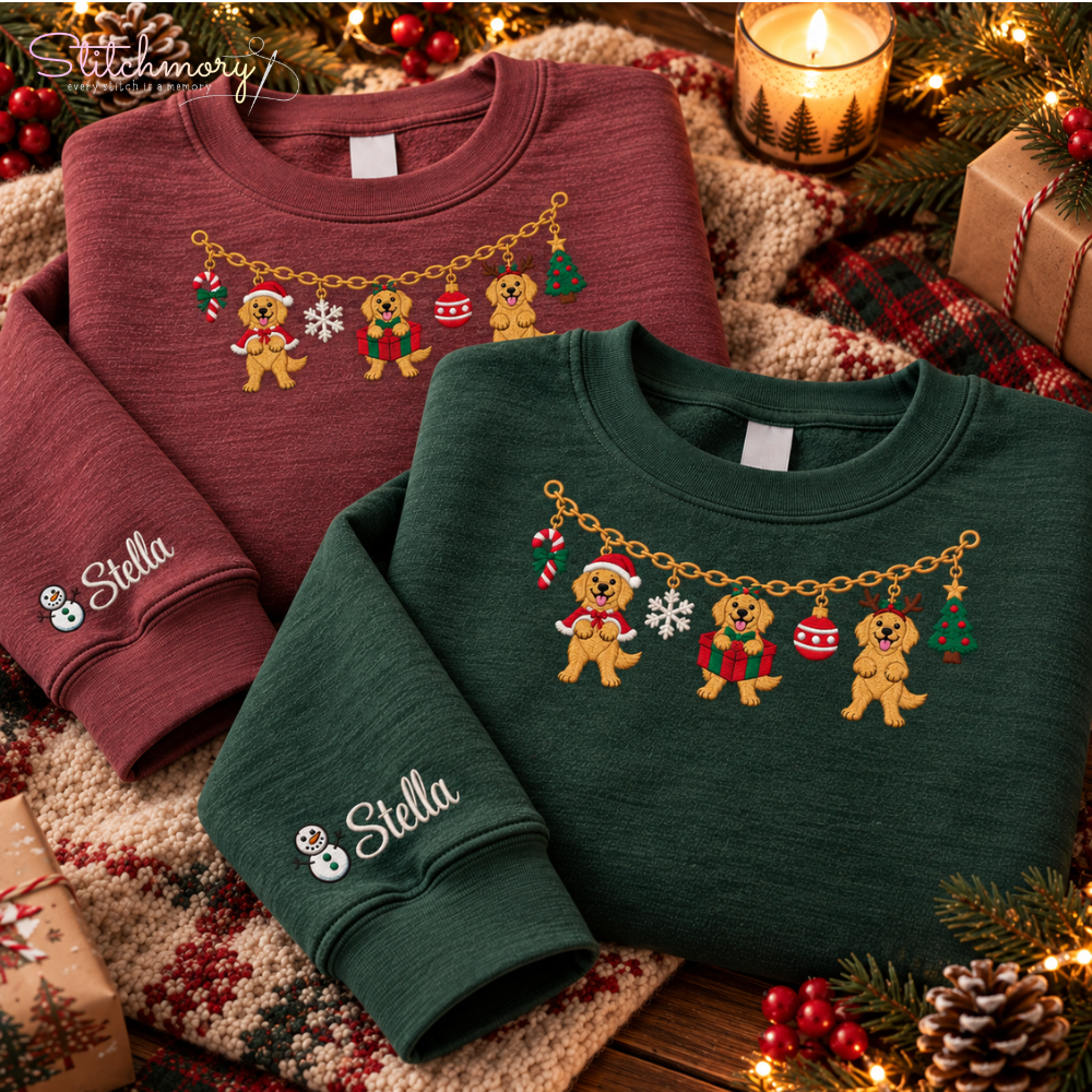 Golden Retriever Christmas Charm Necklace Embroidered Sweatshirt With Custom Name, Gifts For Goldie Lovers