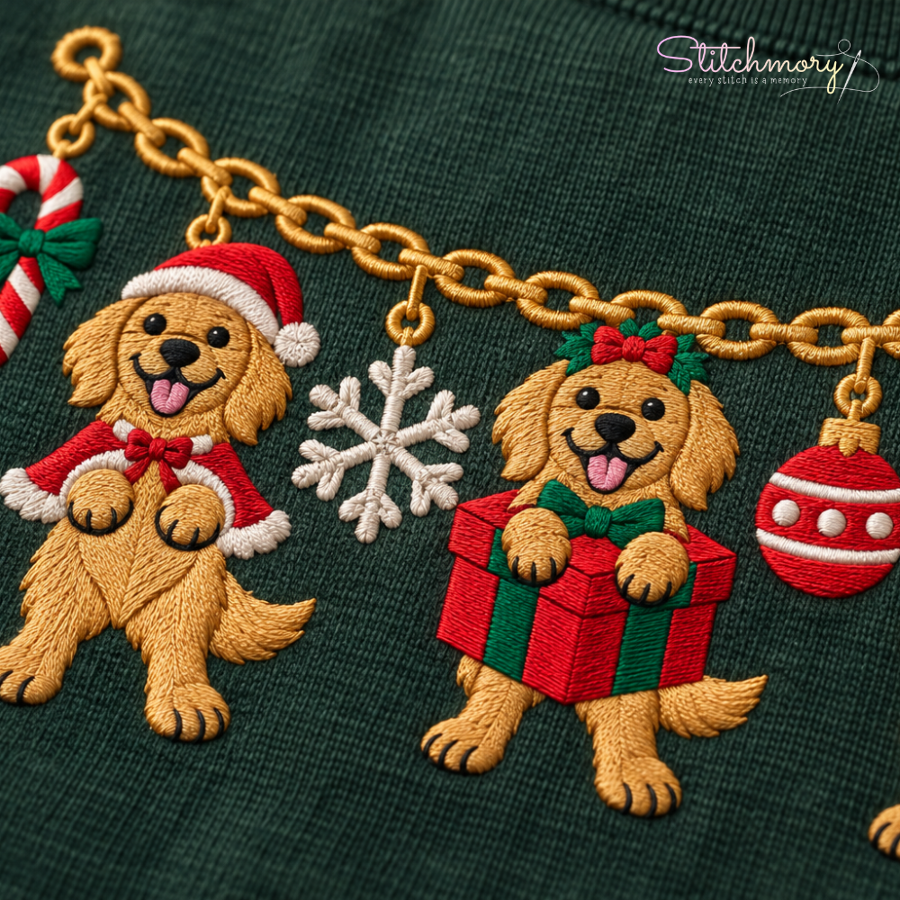 Golden Retriever Christmas Charm Necklace Embroidered Sweatshirt With Custom Name, Gifts For Goldie Lovers