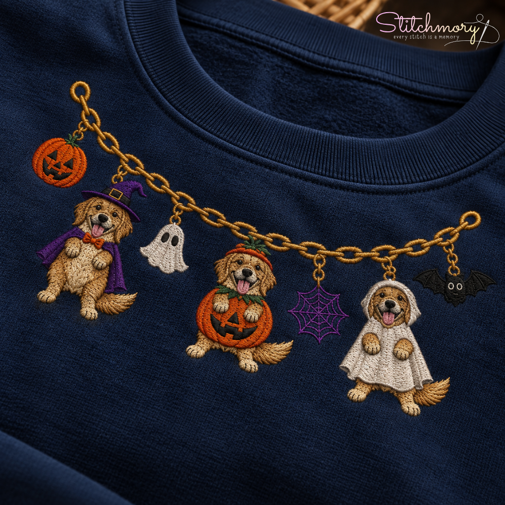 Golden Retriever Halloween Charm Necklace Embroidered Sweatshirt With Custom Name