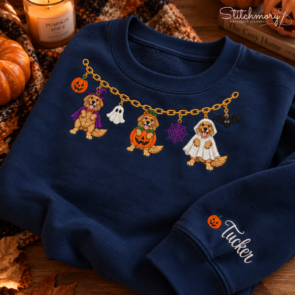 Golden Retriever Halloween Charm Necklace Embroidered Sweatshirt With Custom Name