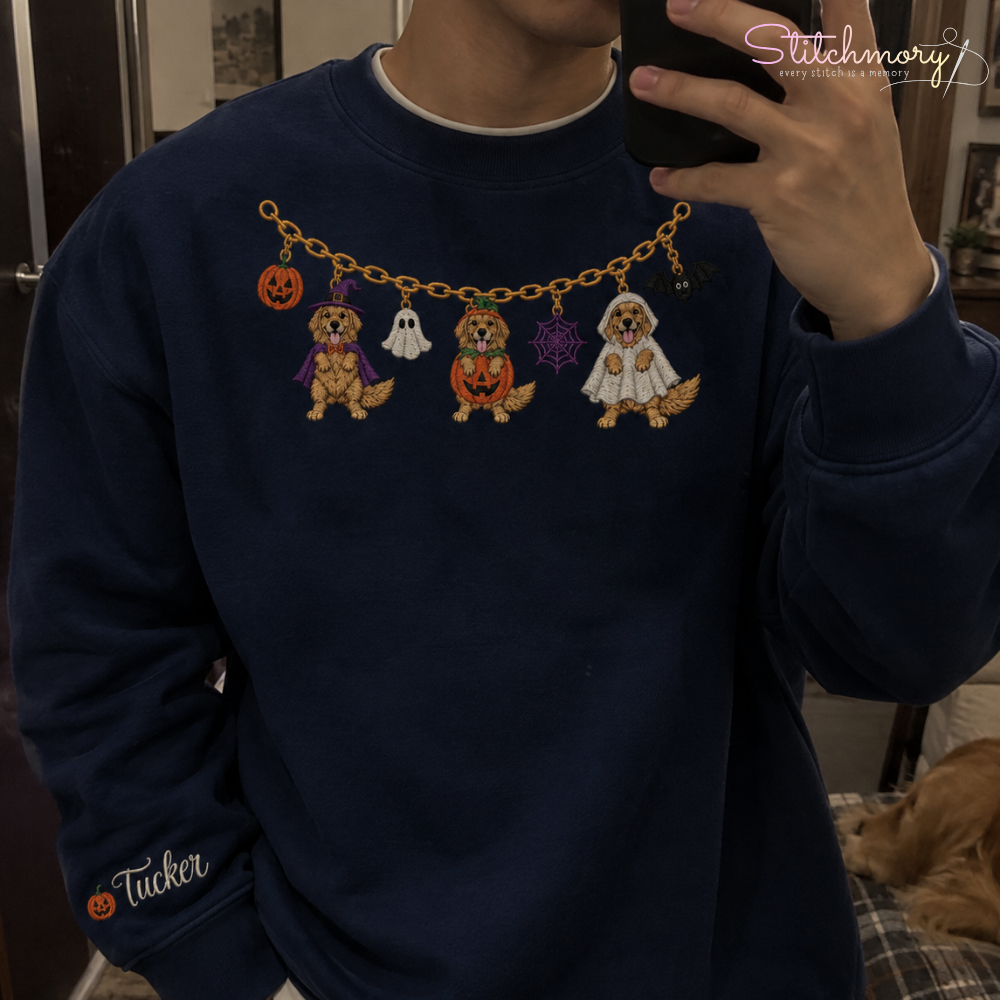 Golden Retriever Halloween Charm Necklace Embroidered Sweatshirt With Custom Name