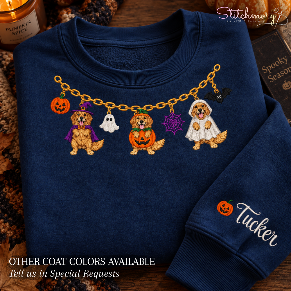 Golden Retriever Halloween Charm Necklace Embroidered Sweatshirt With Custom Name
