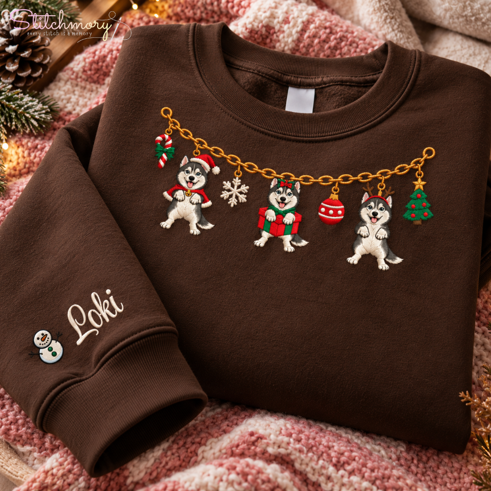 Siberian Husky Christmas Charm Necklace Embroidered Sweatshirt With Custom Name