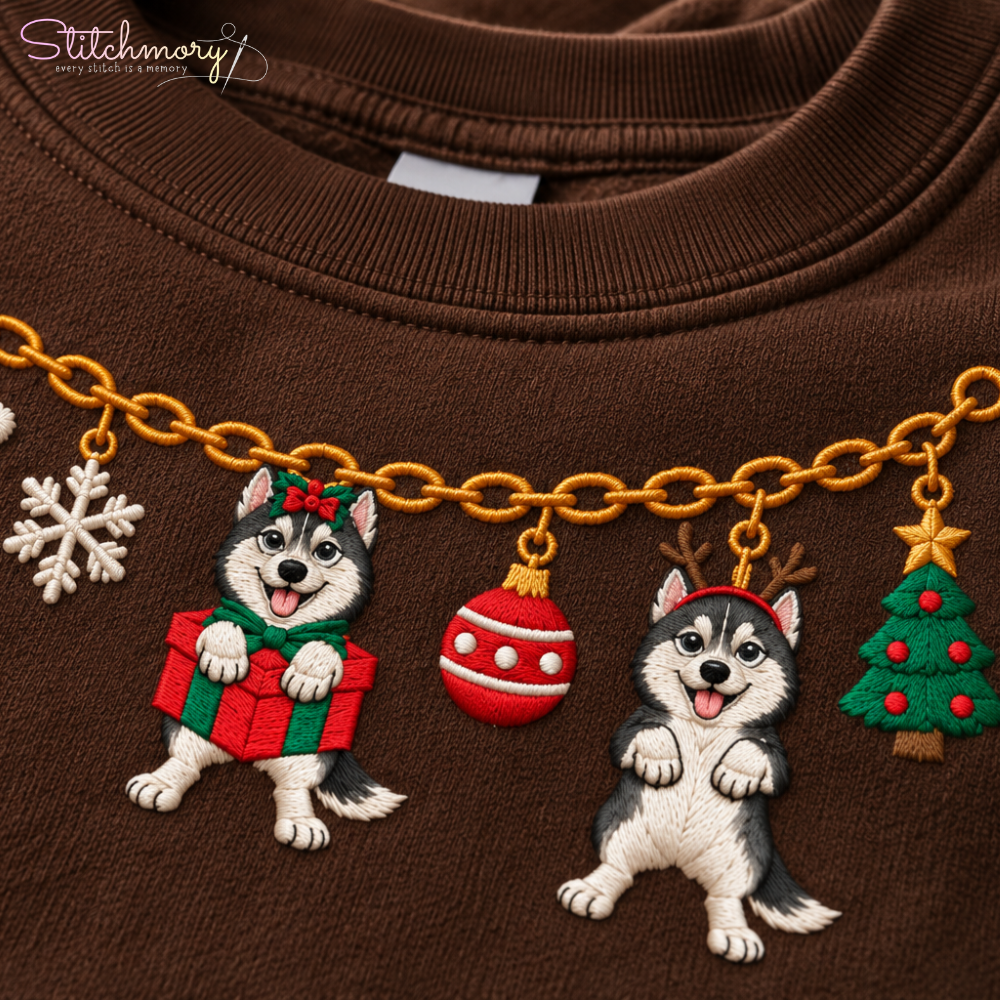 Siberian Husky Christmas Charm Necklace Embroidered Sweatshirt With Custom Name