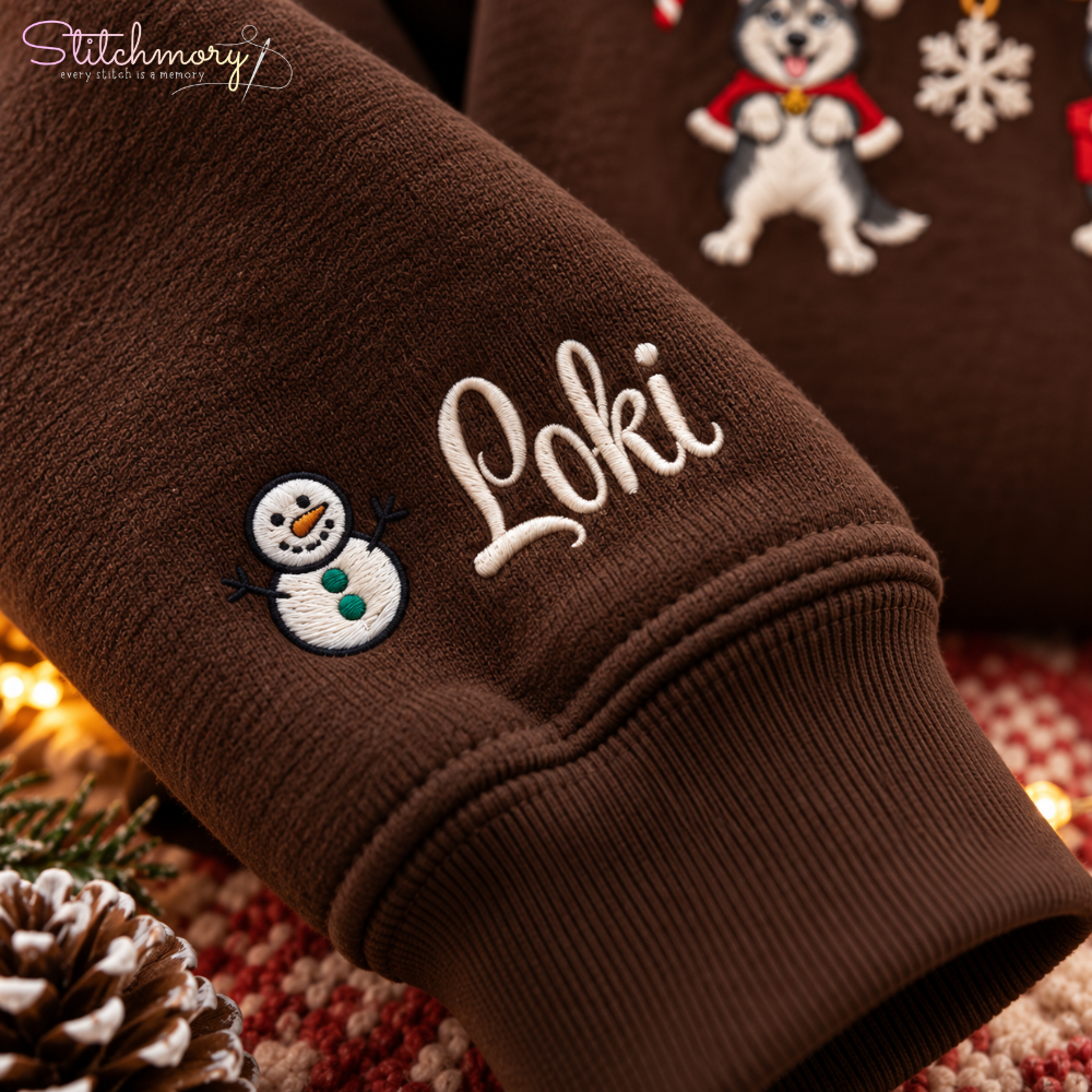 Siberian Husky Christmas Charm Necklace Embroidered Sweatshirt With Custom Name