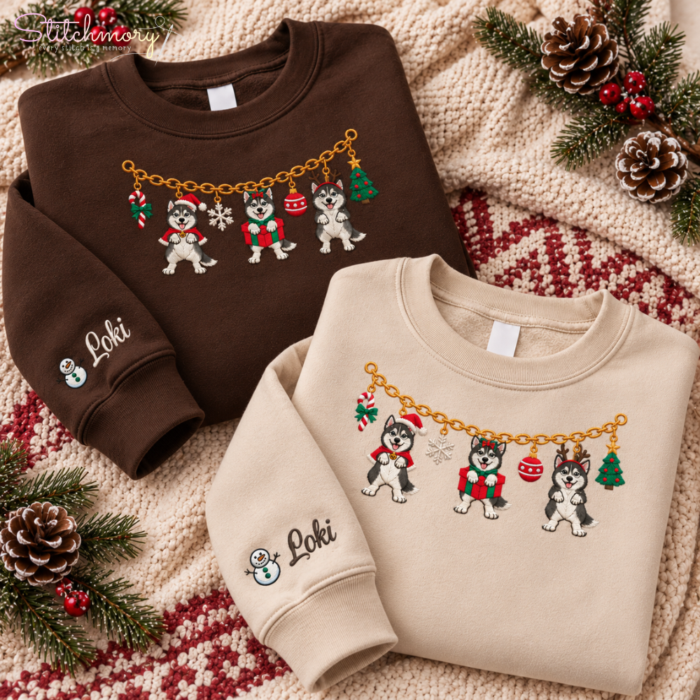Siberian Husky Christmas Charm Necklace Embroidered Sweatshirt With Custom Name