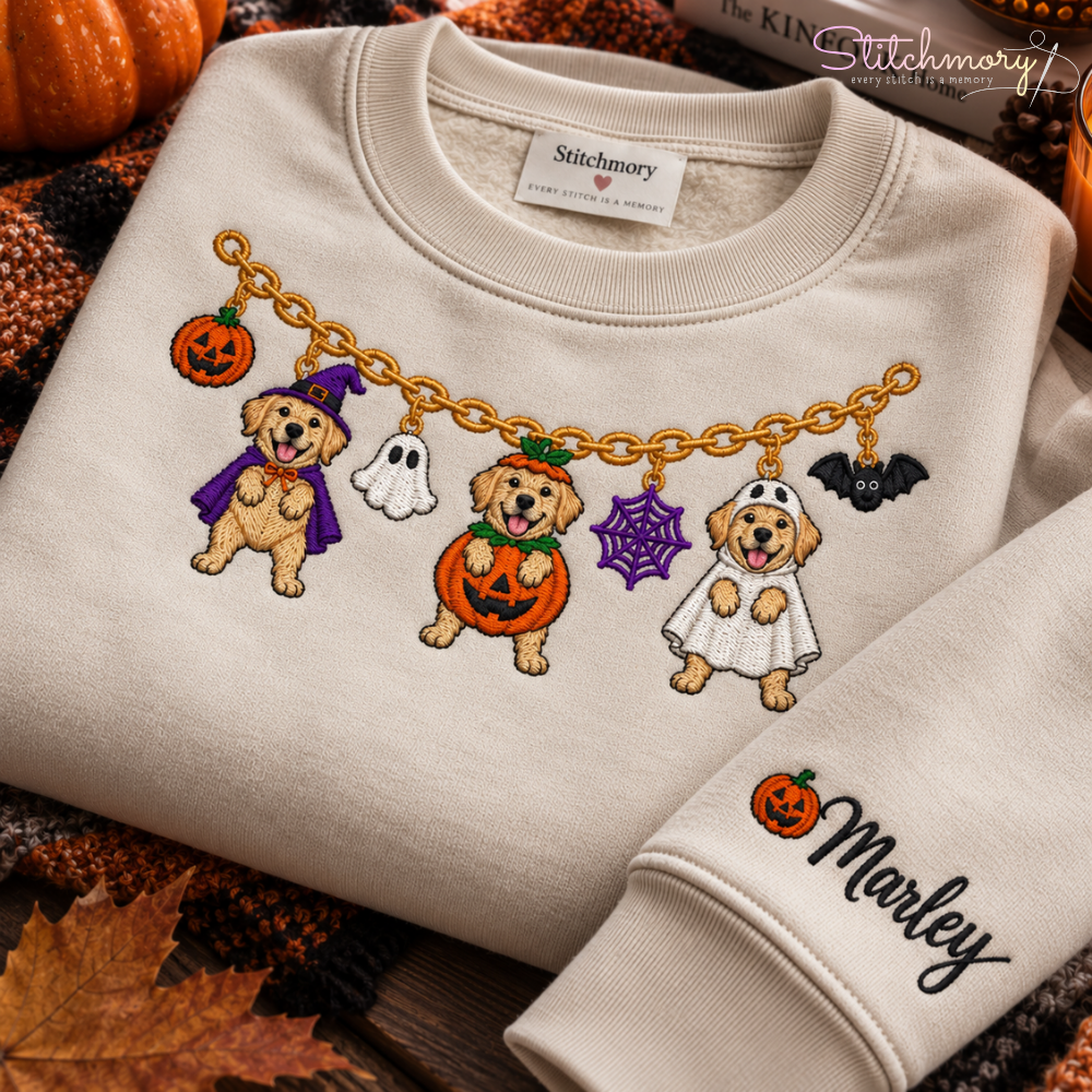 Labrador Retriever Halloween Charm Necklace Embroidered Sweatshirt With Custom Name