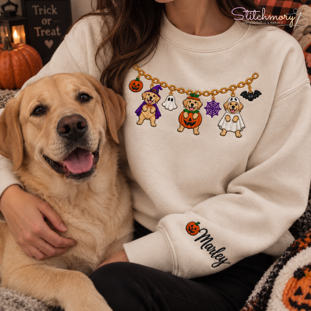 Labrador Retriever Halloween Charm Necklace Embroidered Sweatshirt With Custom Name