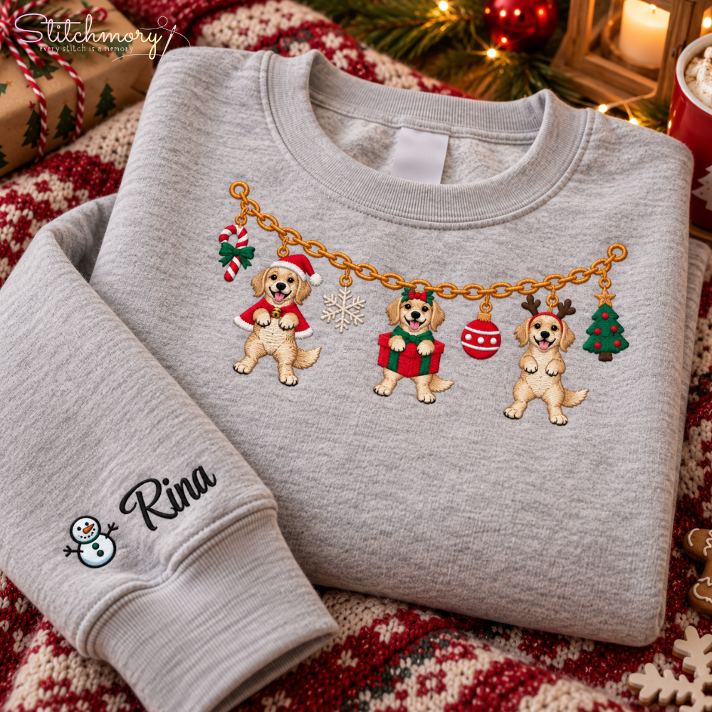 Labrador Retriever Christmas Charm Necklace Embroidered Sweatshirt With Custom Name