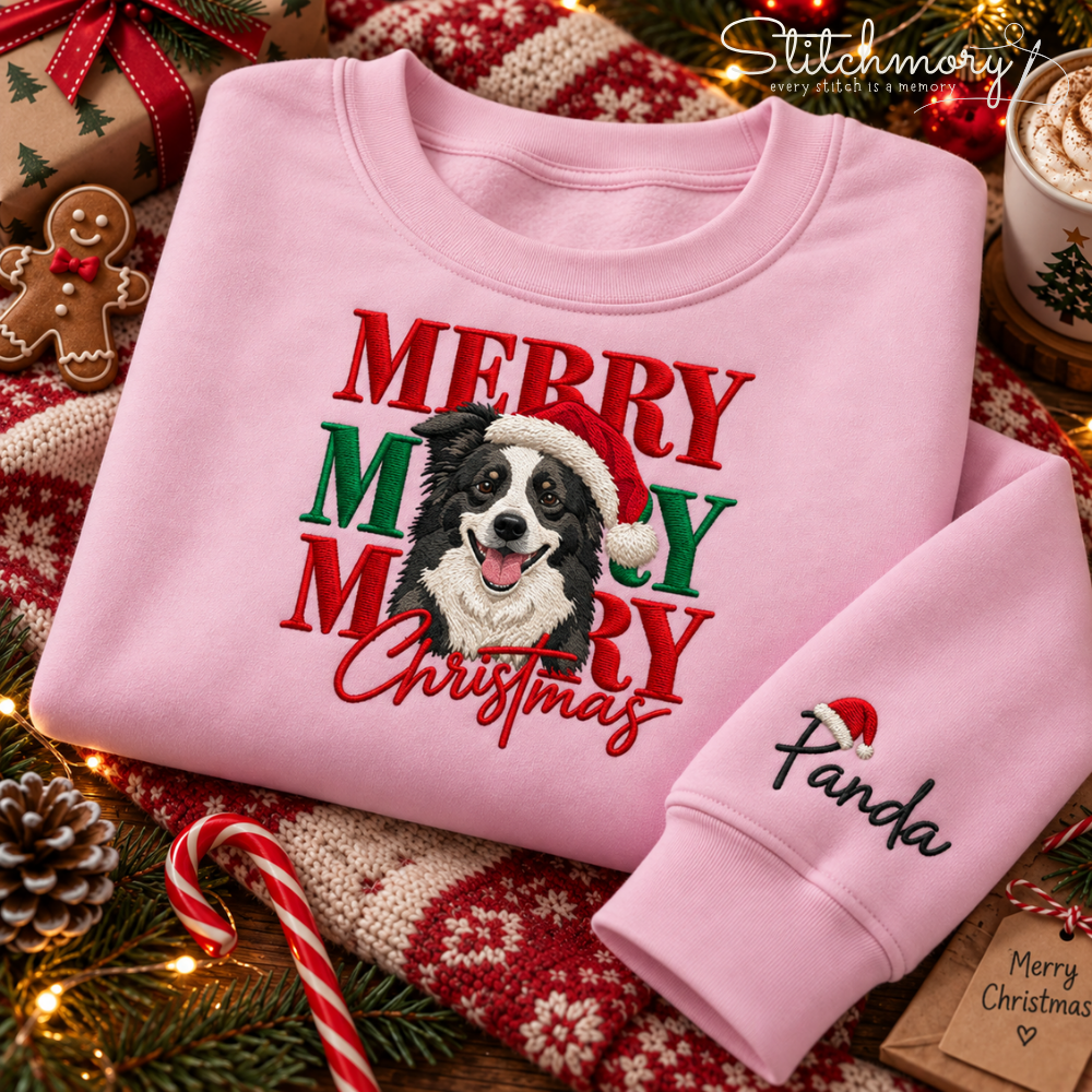 Merry Christmas Custom Pet Portrait Embroidered Sweatshirt – Personalized Pet Photo & Name