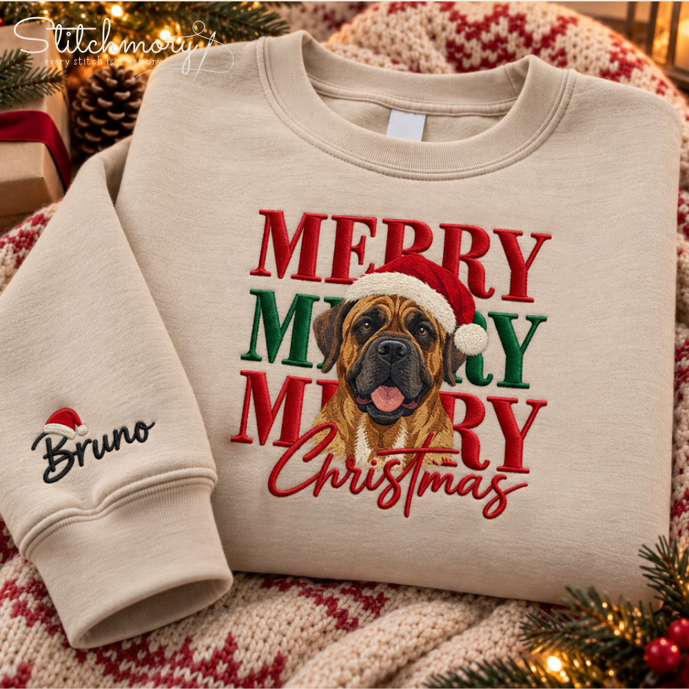 Merry Christmas Custom Pet Portrait Embroidered Sweatshirt – Personalized Pet Photo & Name