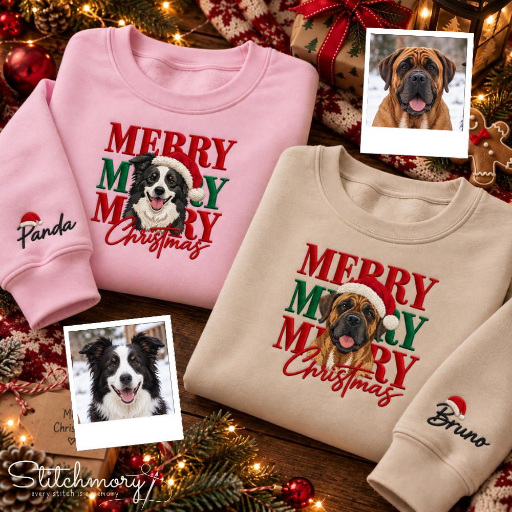 Merry Christmas Custom Pet Portrait Embroidered Sweatshirt – Personalized Pet Photo & Name