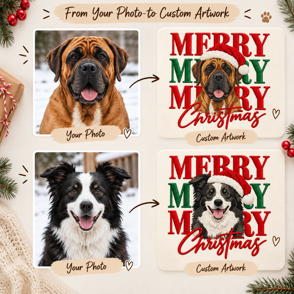 Merry Christmas Custom Pet Portrait Embroidered Sweatshirt – Personalized Pet Photo & Name