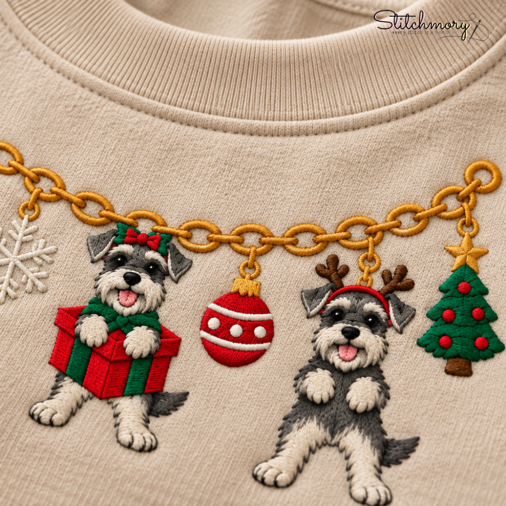 Miniature Schnauzer Christmas Charm Necklace Embroidered Sweatshirt With Custom Name