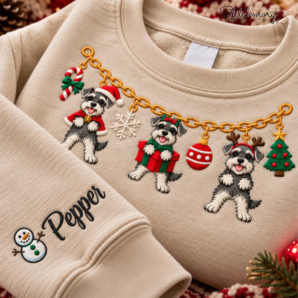 Miniature Schnauzer Christmas Charm Necklace Embroidered Sweatshirt With Custom Name