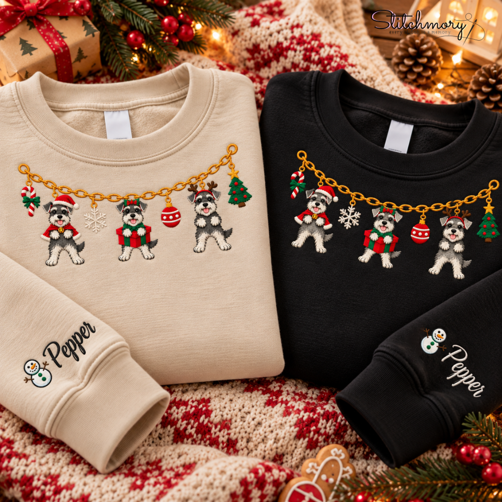 Miniature Schnauzer Christmas Charm Necklace Embroidered Sweatshirt With Custom Name