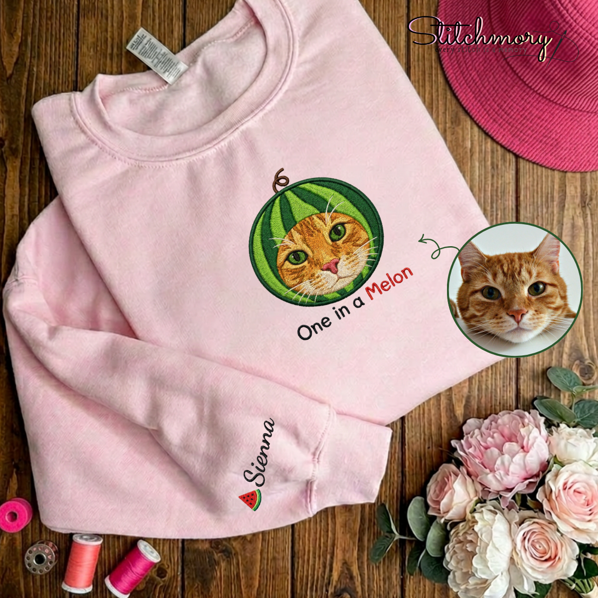 Custom One In A Melon Cat Embroidered Sweatshirt with Personalized Sleeve Name, Custom Watermelon Pet Sweatshirts