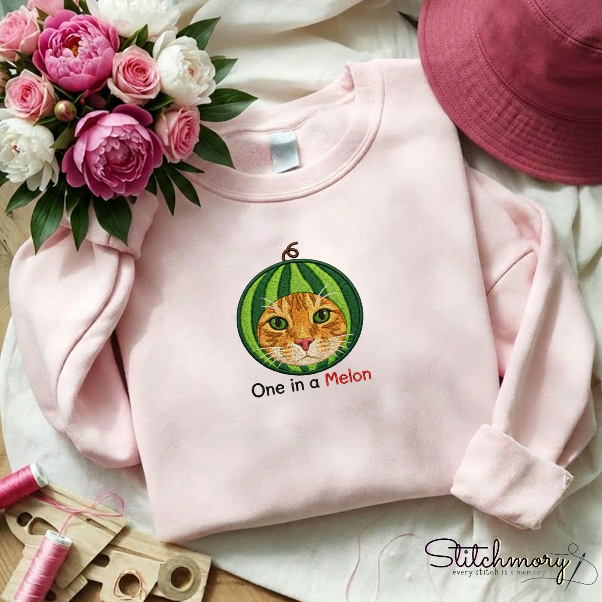 Custom One In A Melon Cat Embroidered Sweatshirt with Personalized Sleeve Name, Custom Watermelon Pet Sweatshirts