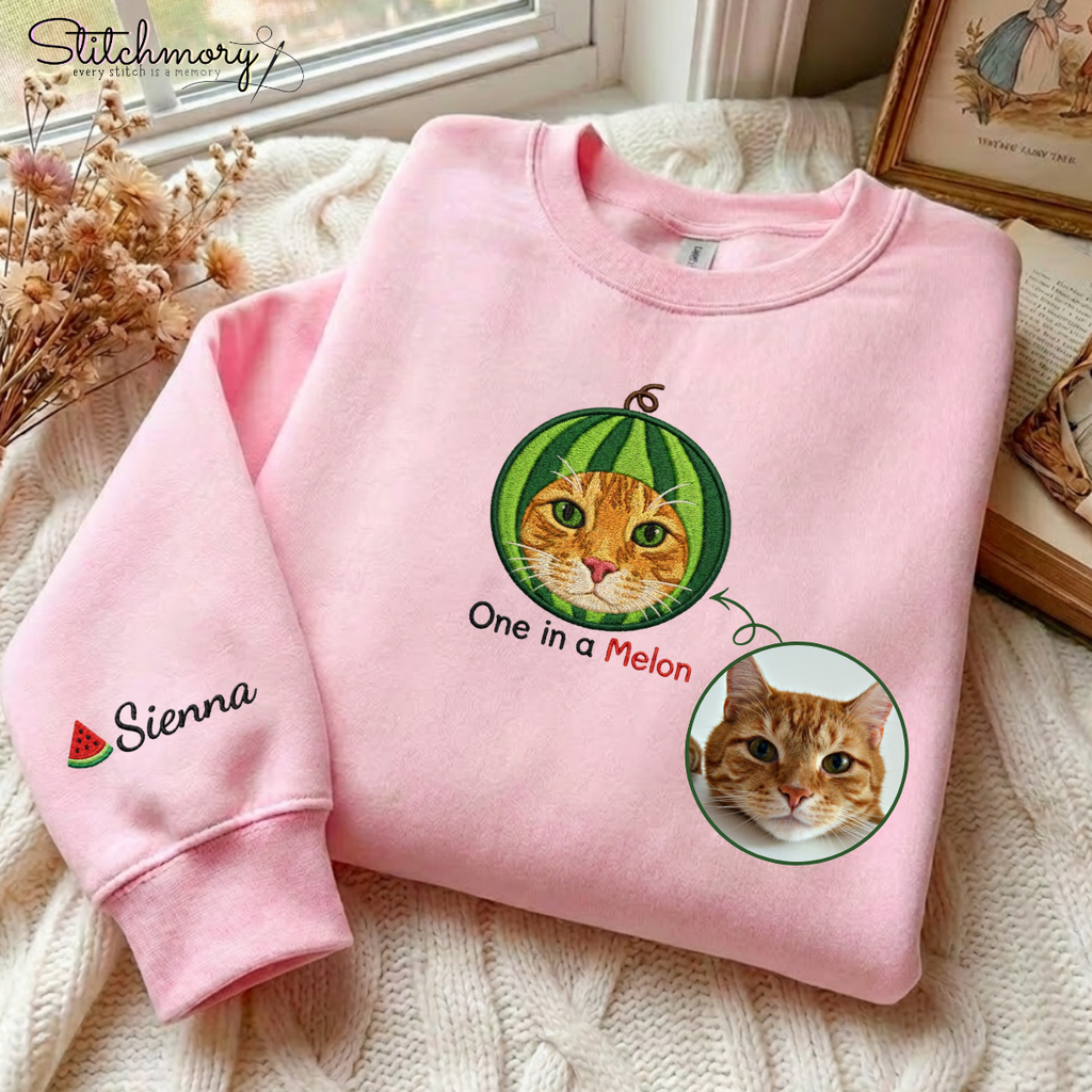 Custom One In A Melon Cat Embroidered Sweatshirt with Personalized Sleeve Name, Custom Watermelon Pet Sweatshirts