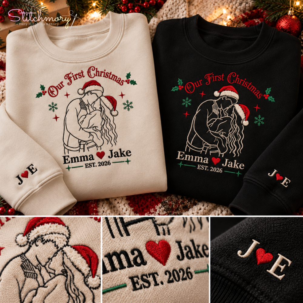 Our First Christmas Custom Couple Photo Embroidered Sweatshirt, Personalized Photo Matching Sweatshirts