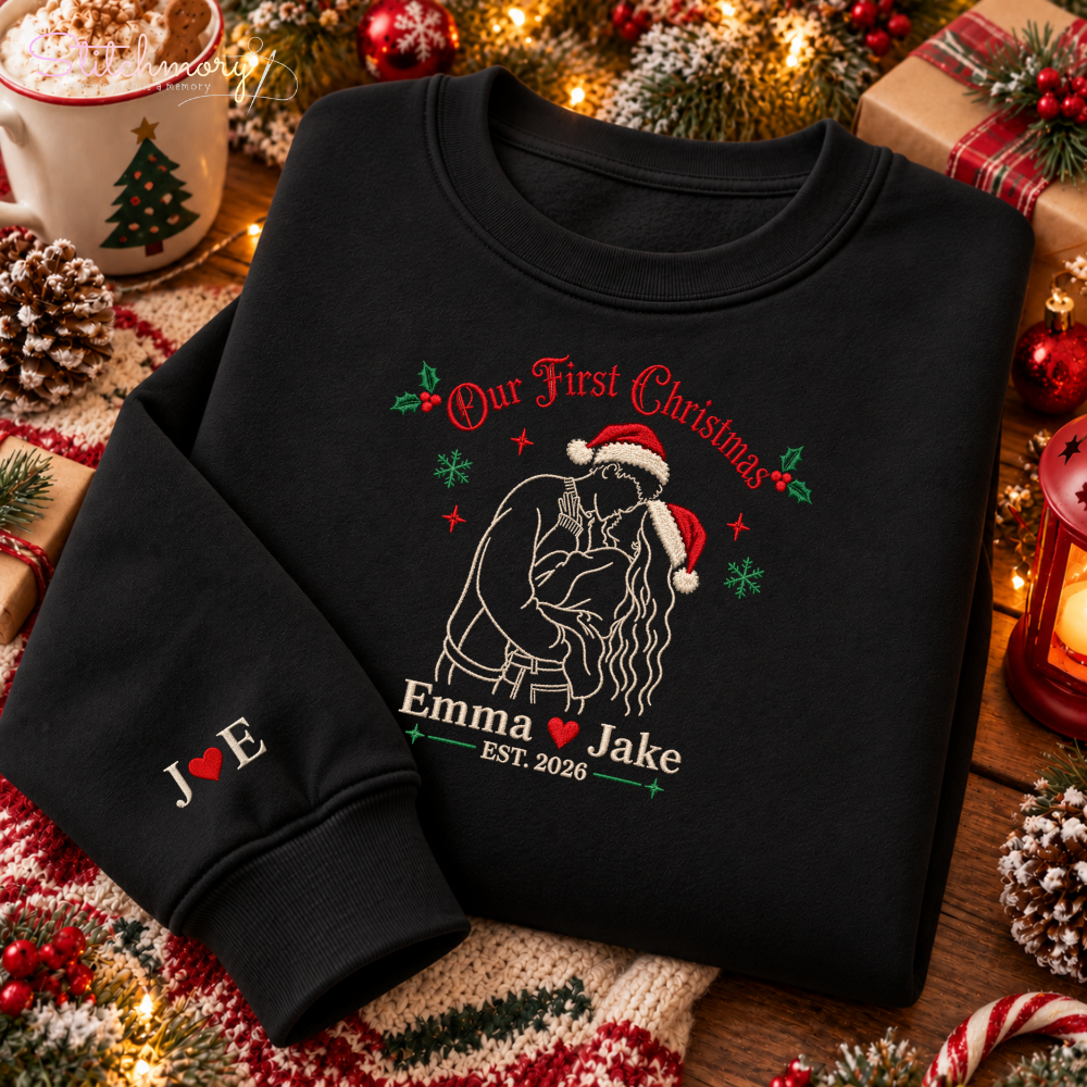 Our First Christmas Custom Couple Photo Embroidered Sweatshirt, Personalized Photo Matching Sweatshirts