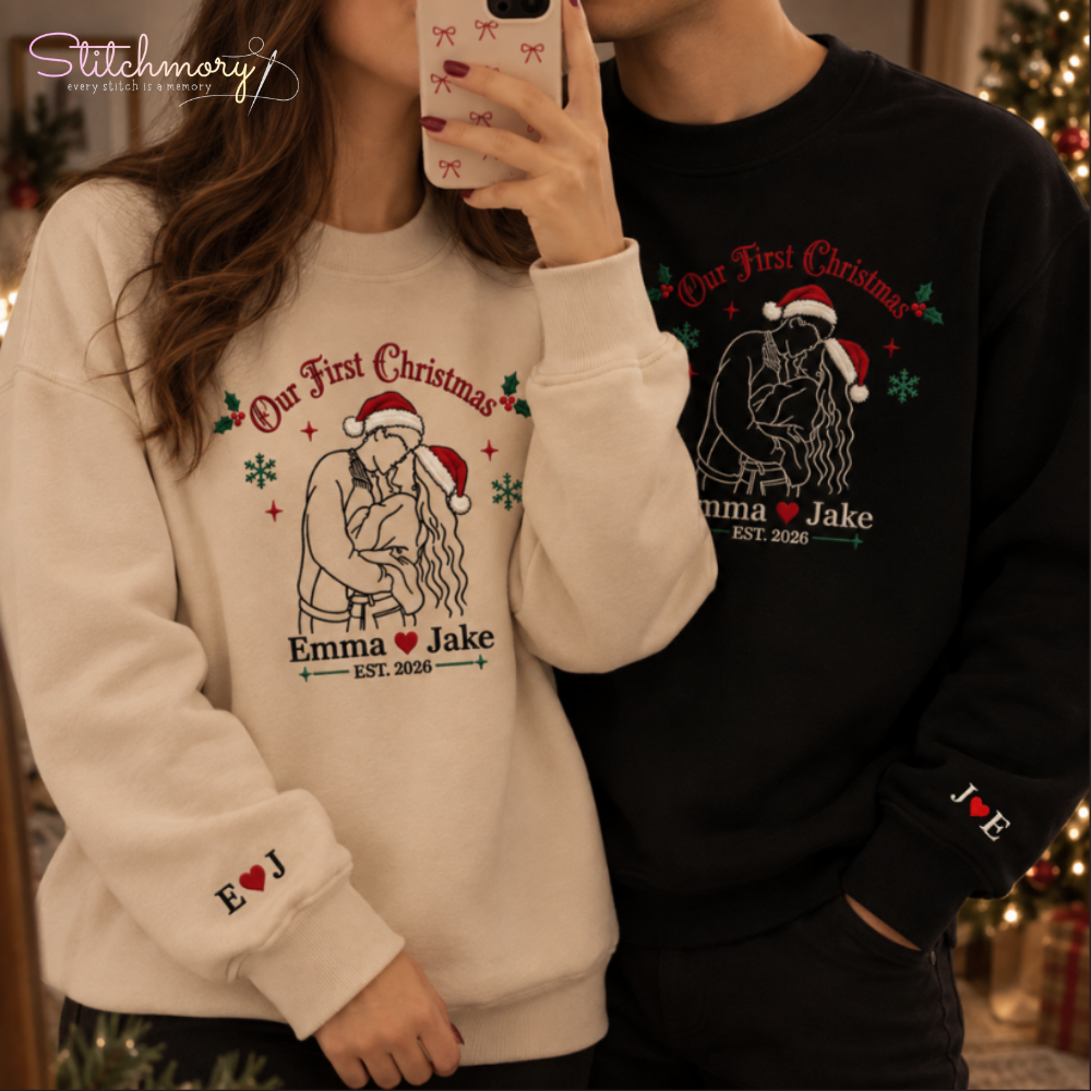 Our First Christmas Custom Couple Photo Embroidered Sweatshirt, Personalized Photo Matching Sweatshirts