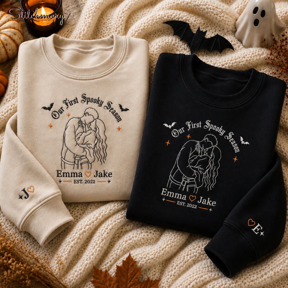 Our First Spooky Season Custom Couple Embroidered Sweatshirt, Personalized Photo Matching Sweatshirts