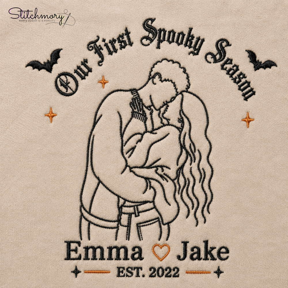 Our First Spooky Season Custom Couple Embroidered Sweatshirt, Personalized Photo Matching Sweatshirts
