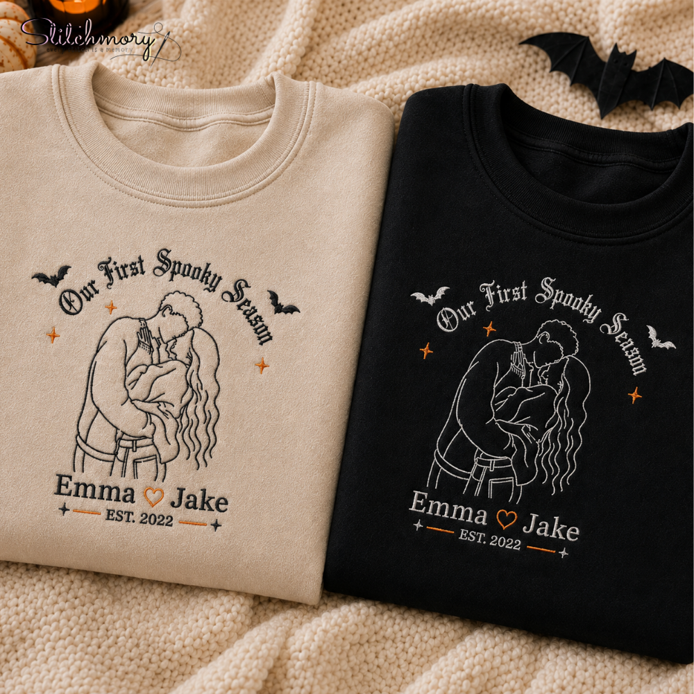 Our First Spooky Season Custom Couple Embroidered Sweatshirt, Personalized Photo Matching Sweatshirts